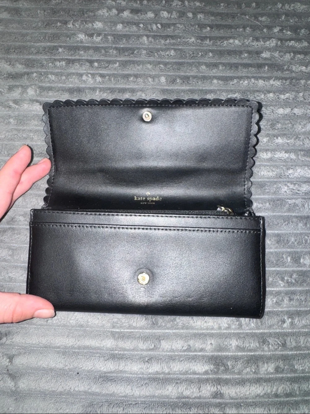 kate spade Black Scalloped-Edge Leather Wallet with Gold Plaque